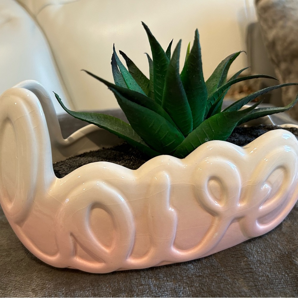 NWOT Faux Aloe Plant in “Love” Ceramic Pot